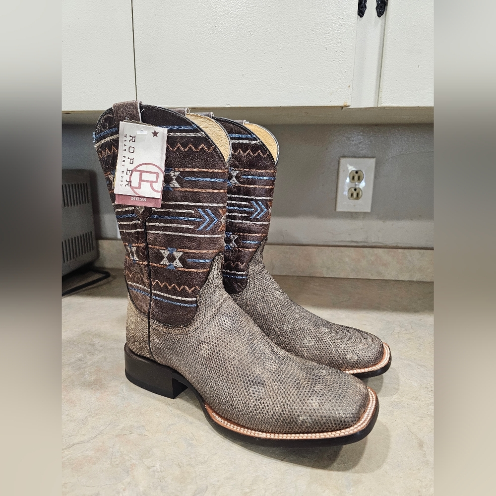New Mens 9 D Roper Genuine Ringtail Lizard Square Toe Cowboy Boots